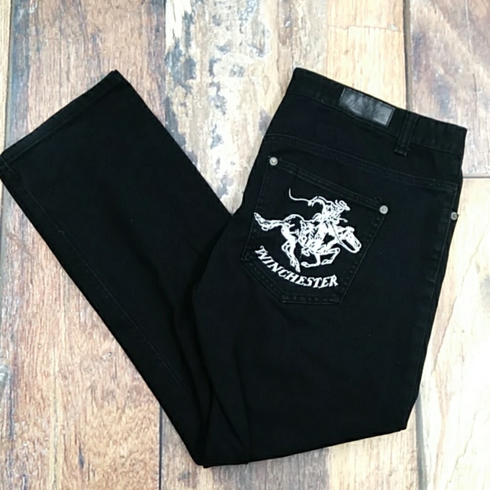 Winchester Distressed Black Denim Jeans Embroidered Horse and Rider Size 38/32